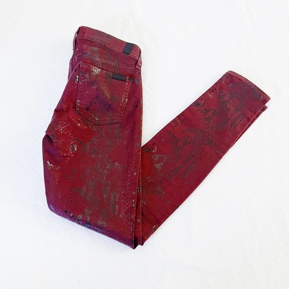 7 For All Mankind Snakeprint Denim Skinny Jeans SZ26 Dark Red - Picture 3 of 8